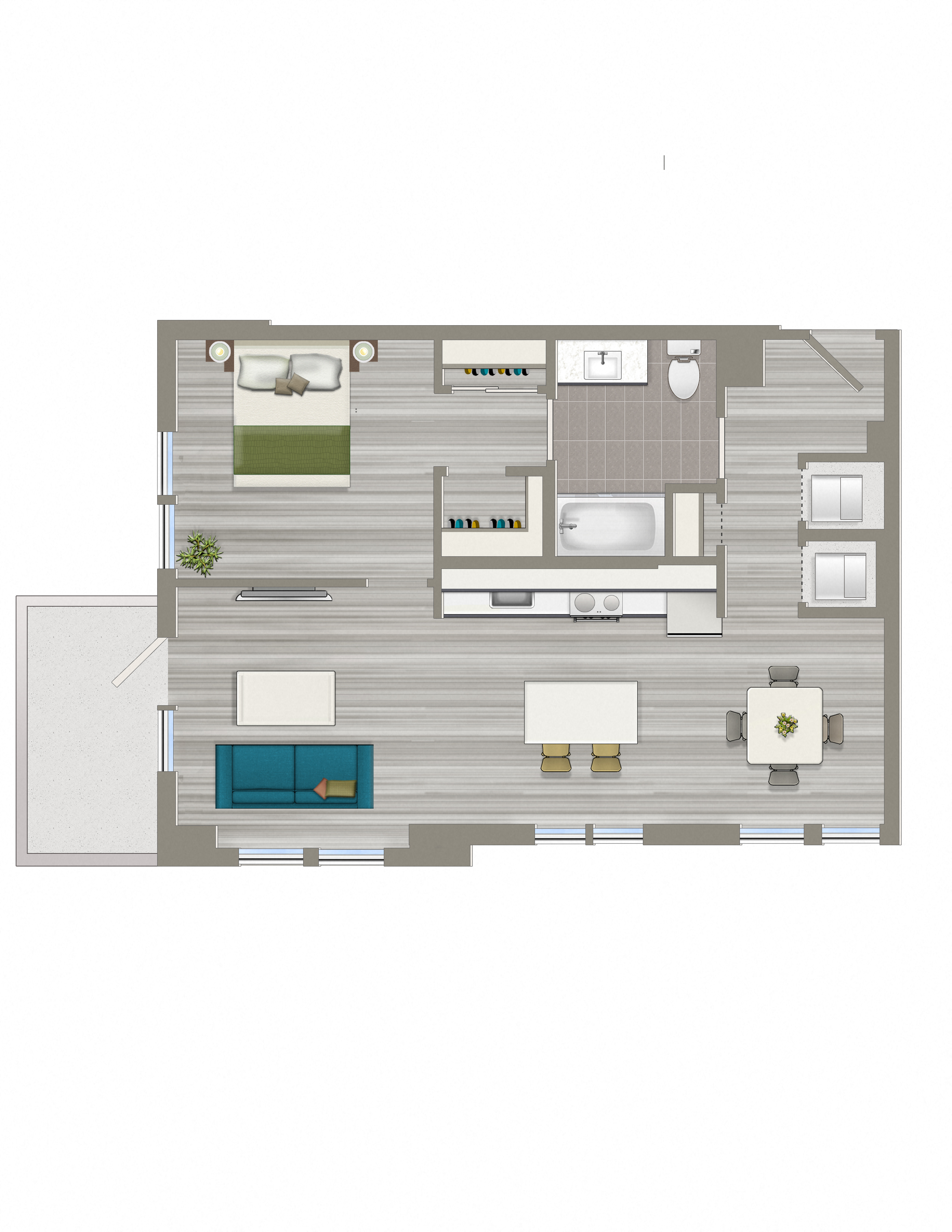 Floor plan for 1 bed, 1 bath, 737 sqft